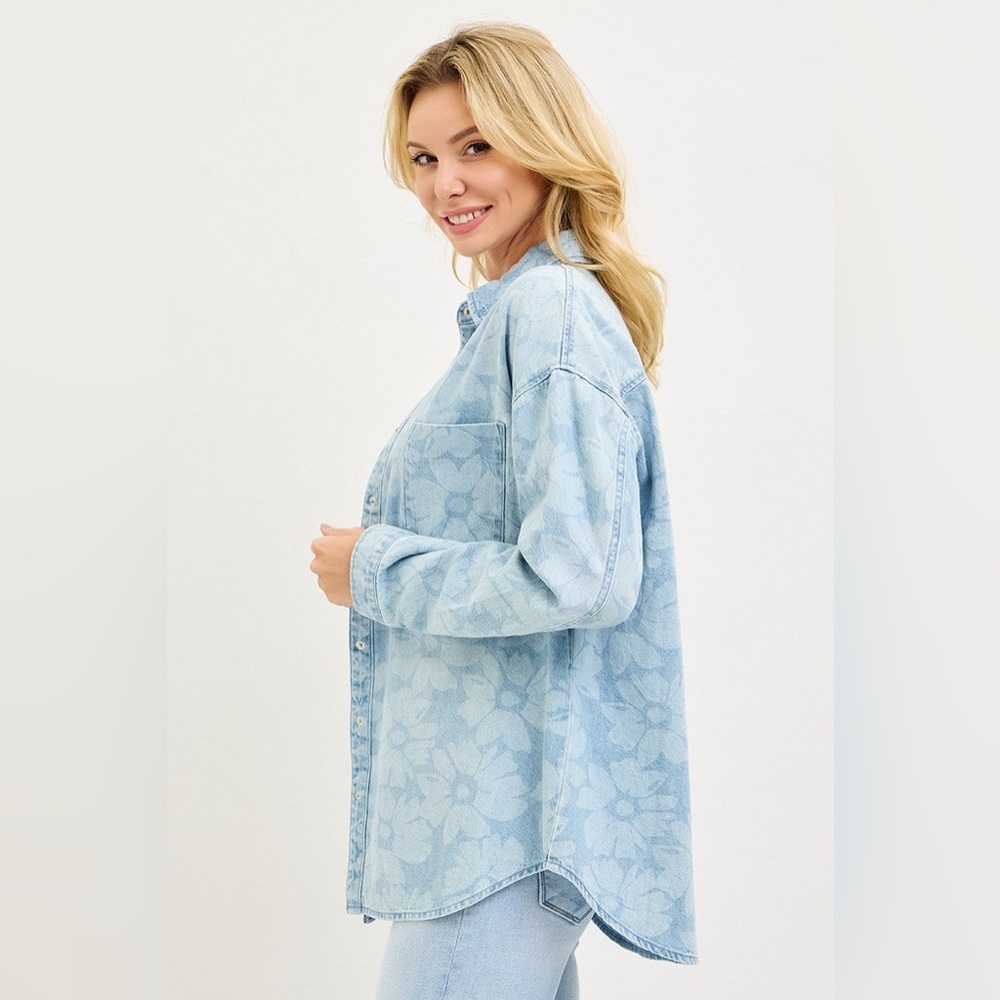 Floral Print Denim Button Down Shirt - Risen - Picture 4 of 6